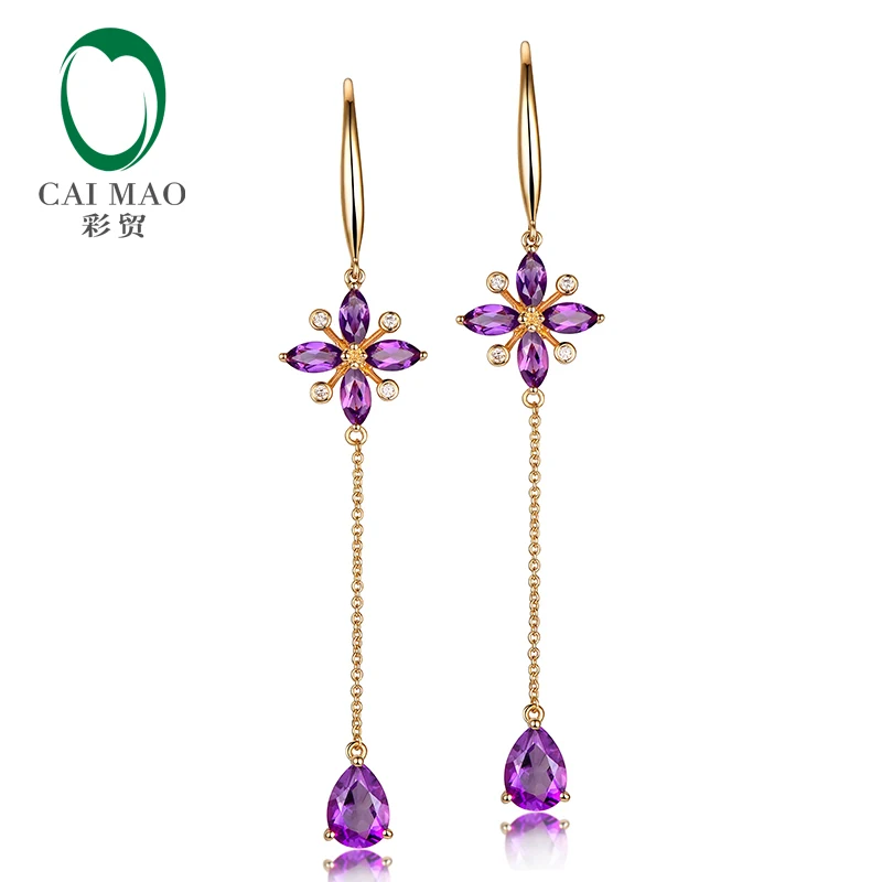 Caimao 2.45ct Фиолетовый аметист алмаз Висячие 14K желтое золото висячие серьги для женщин