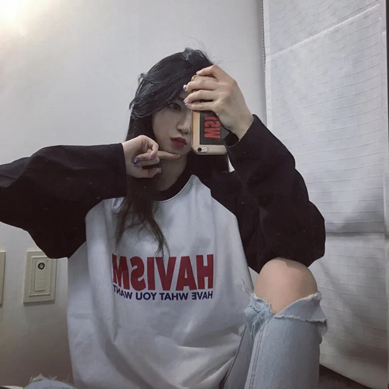 YouGeMan футболка Femme Осенняя женская футболка Корейская Ulzzang с принтом букв в стиле Харадзюку с длинным рукавом Футболки женские базовые Топы