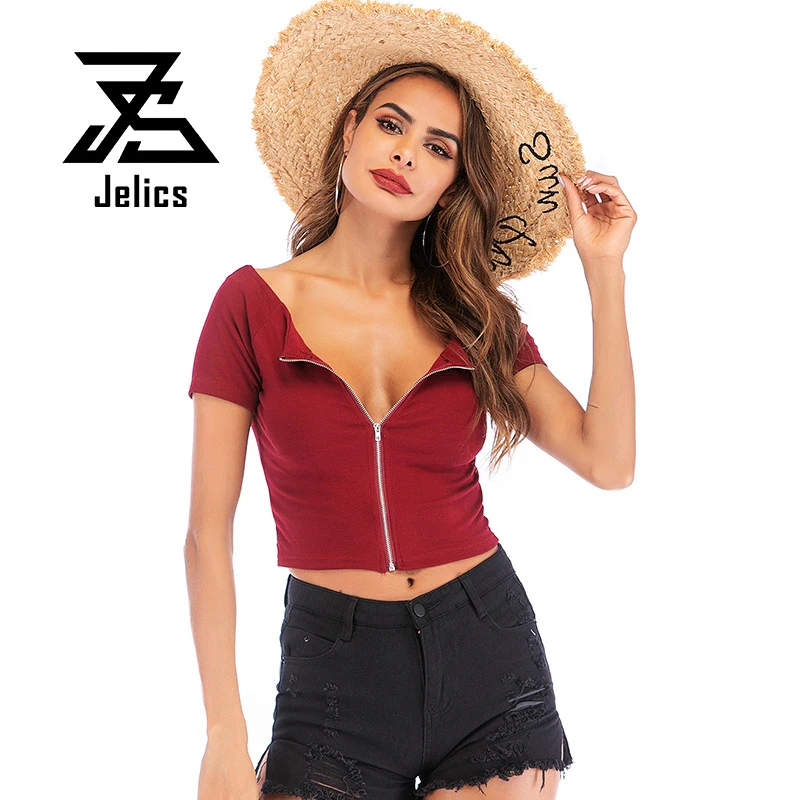 

Jelics Fashion Sexy Wine Red Crop Top Women T-shirt Summer Short Sleeve Zipper Slim T shirt Female T