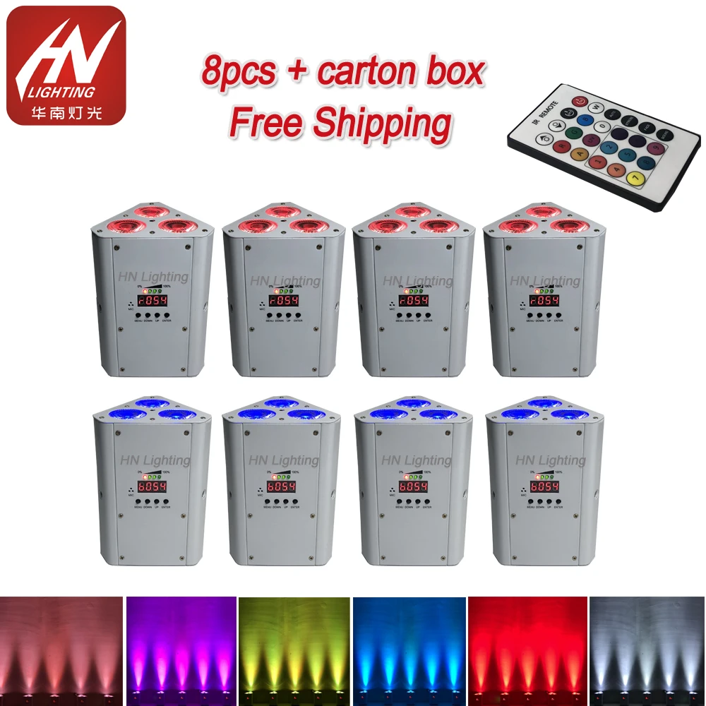 

8pcs led wedge par 3x18w rgbwauv wireless dmx led par light battery led uplight par for dj weddings