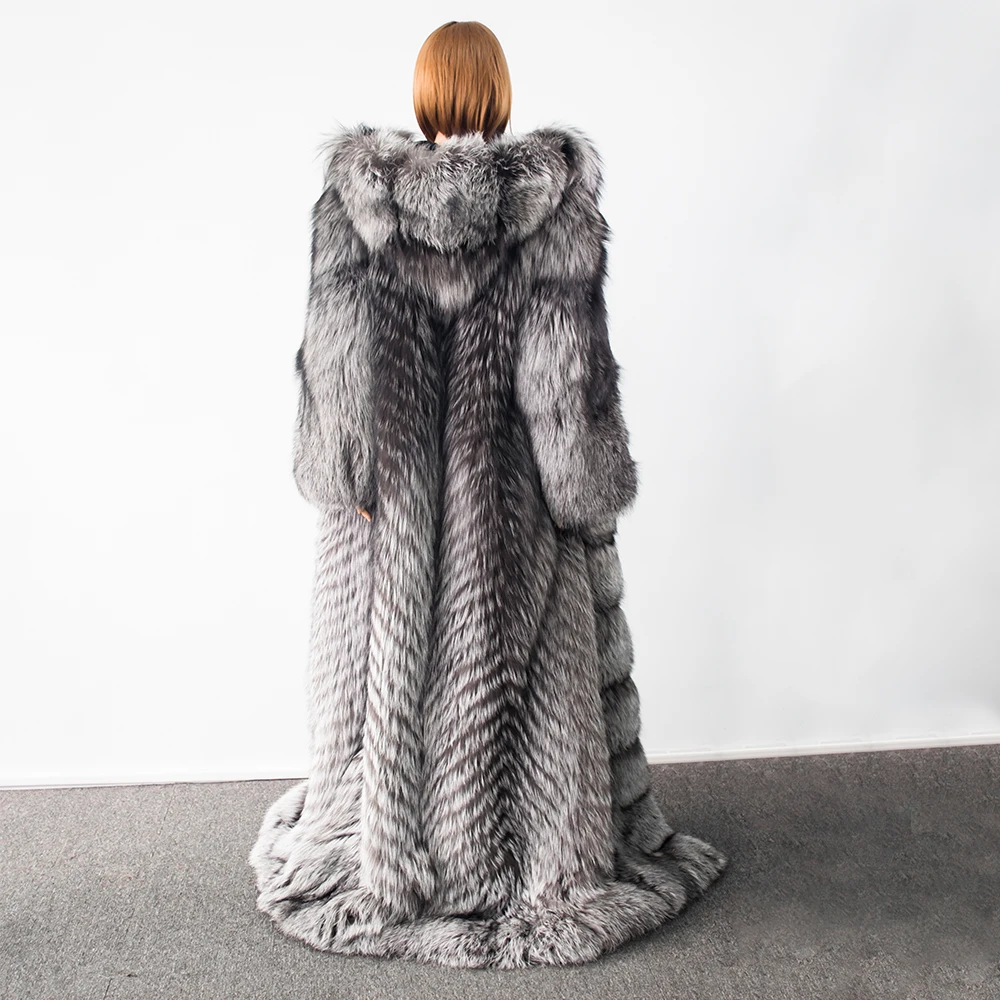 2022 Women Real Fox Fur Coat With Fur Hood 160 CM X-Long Luxury Silver Fox Fur Striped Female Jacket Full Pelt Thick Winter Coat