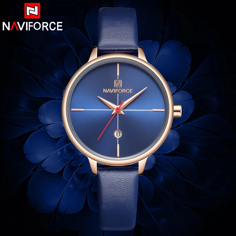 NAVIFORCE Новая мода синий кожаный женские наручные часы Повседневные платья