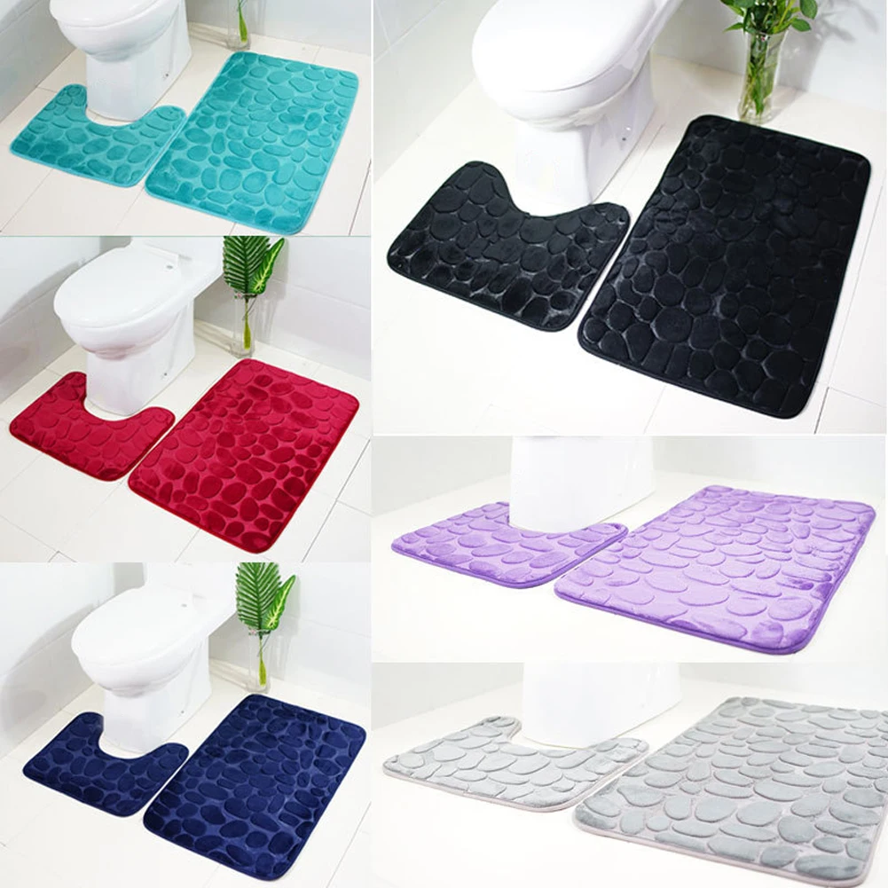 2PCS Pedestal Rug Anti Slip Toilet Bath Mat Set Exquisite Cobblestone Print Decorative Soft Flannel Water Absorption Bathroom | Дом и сад