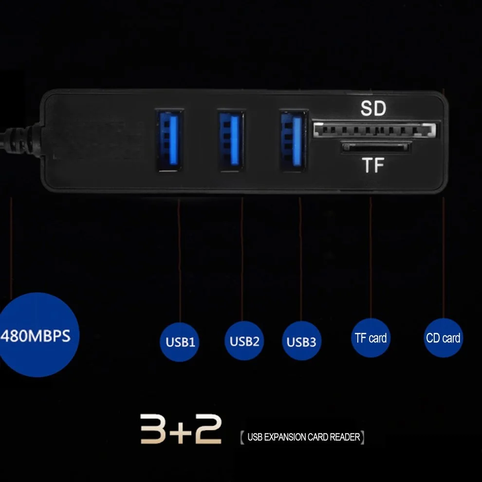 Черный USB концентратор комбо 3 порта Высокоскоростной 2 0 сплиттер в 1 SD/TF кард