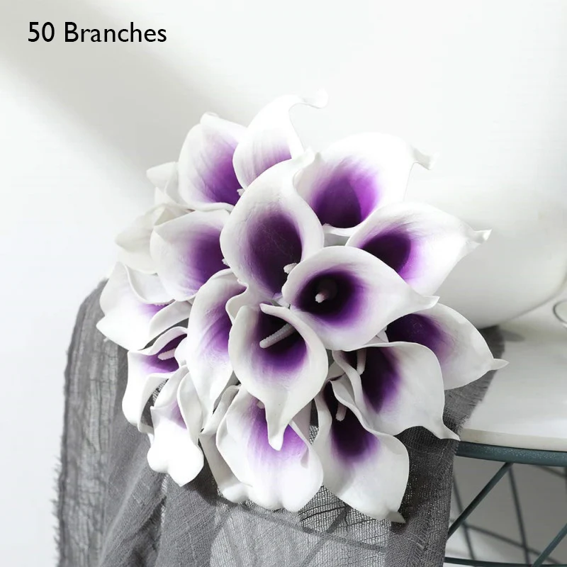 Purple yumai 50 шт. / Компл. Черные Калла Цветы Букеты Искусственные Украшения ПУ Лилии Цветы Пучки для Свадьбы Украшение Стола - Цвет: Purple