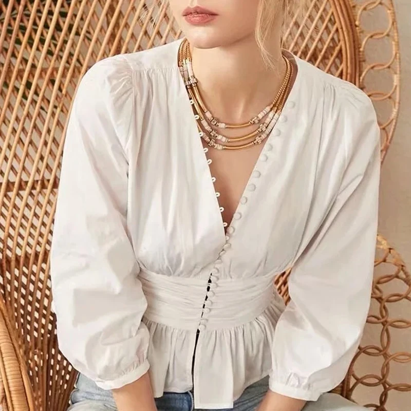 Летние блузки топы Для женщин 2019 ретро однобортный Малый рубашка корсет v