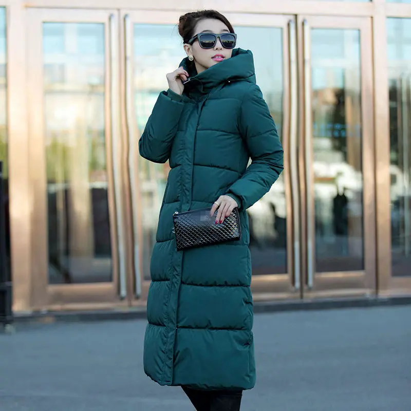 Зимняя Длинная женская куртка с капюшоном однотонные Цветные парки теплая