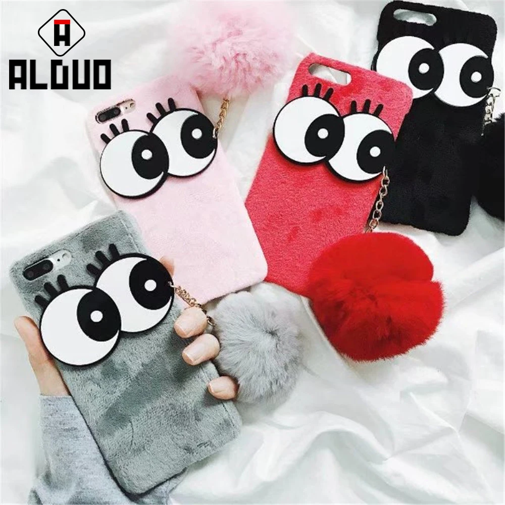 For iphone X 6S 6 7 8 Plus Coque Winter Soft Fur Back Cases ALANGDUO Fashion Cartoon Big Eyes 7Plus Ball Case |