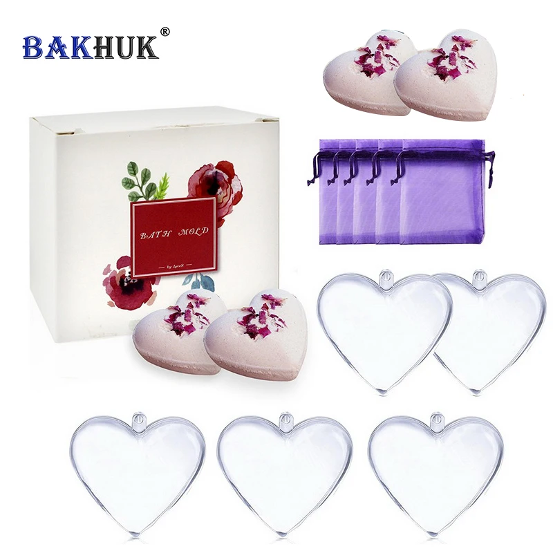 BAKHUK Handmade Heart Shaped Plastic Clear Bath Bomb Mold for DIY Crafting Christmas Ornaments Decoration 5 Sets 65mm Molds |