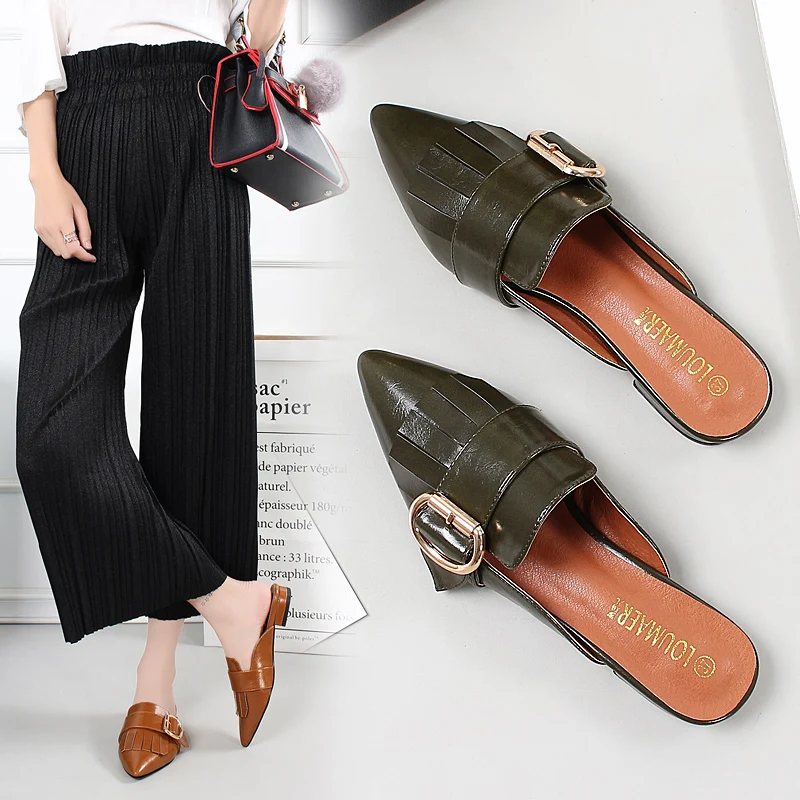 Дизайнерские женские мюли с кисточками Сандалии острым носком Шлепанцы пряжкой