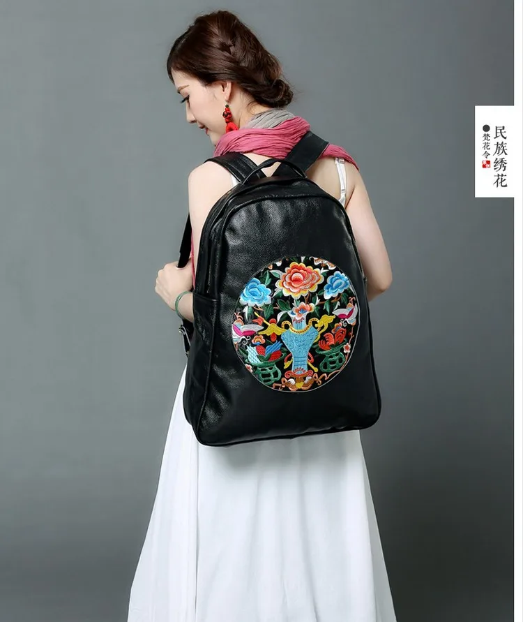 Цветочный вышитый Большой Вместительный кожаный рюкзак с национальной вышивкой