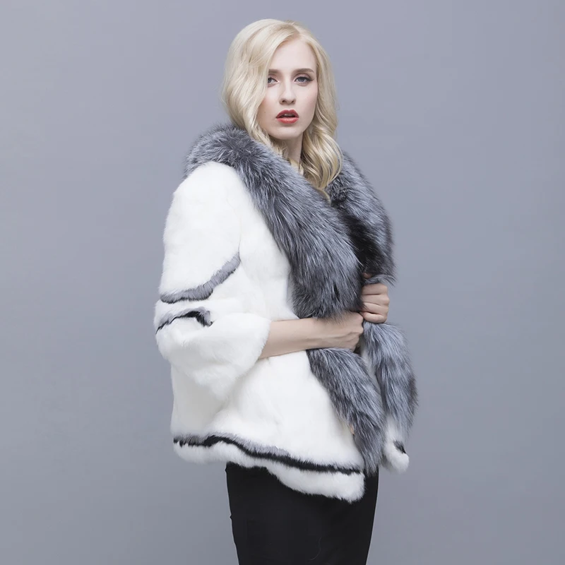 Real Natural Women's Rabbit Fur Coat Fox Fur Collar Large Size Rabbit Skin Women Winter Coats Black Woman's Casual Autumn Coat