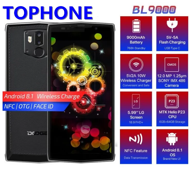 Оригинал DOOGEE BL9000 5 99 &quotHD + 9000 мАч Смартфон Android 8 1 MTK6763 Восьмиядерный 6 ГБ