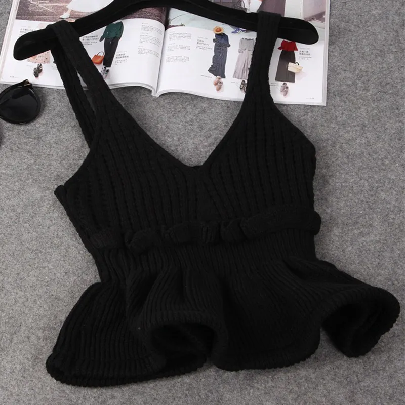 Черный Для женщин трикотажное эластичное Ruffled Crop Топы кофта с v-вырезом без рукавов с открытой спиной Туника женская майка лето сексуальный топ Для женщин - Цвет: Черный
