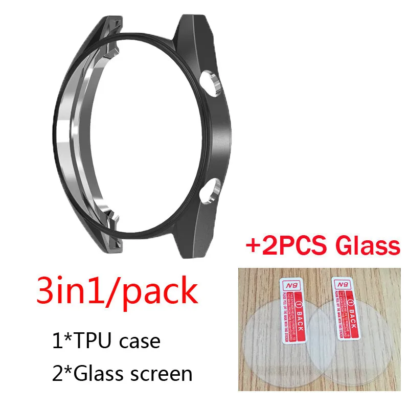 TPU Black 2в1 для huawei Watch GT чехол силиконовый чехол+ 2 шт 9H 2.5D Защитное стекло для экрана часы gt аксессуары для умных часов - Цвет: TPU Black