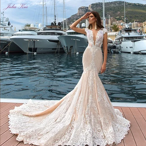picture champagne JULIA KUI империя Дизайн Русалка свадебное платье сексуальное v-образный вырез Vestido De Noiva элегантное кружево - Цвет: picture champagne