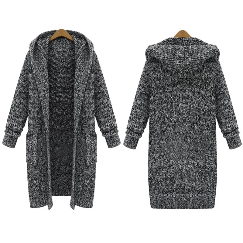 

2019 Spring Autumn Large Size Women's New Long Thicken Knit Cardigan Loose Casual Gray Hooded Female Winter Sweater Coat LQ707