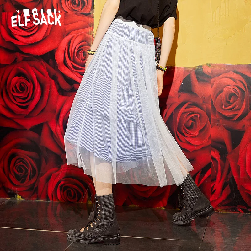 Женская сетчатая юбка ELFSACK летняя кружевная винтажная клетчатая с натуральной
