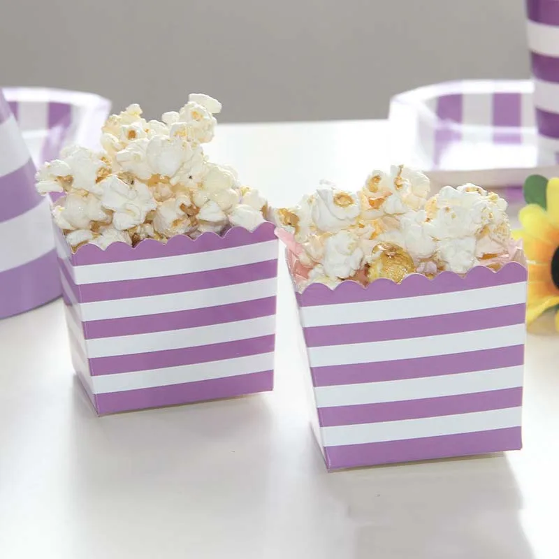 Popcorn box 12pcs Вечерние фиолетовые одноразовые столовые приборы в полоску, набор, стакан, салфетка, вилка, солома, вечерние день рождения, детский душ, товары для свадебного декора - Цвет: Popcorn box 12pcs