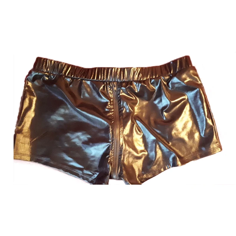 Plus Size Sexy Leather Men Boxer Shorts Trunk Lingerie Homme Gay Jockstrap Exotic Male Black Zipper to Crotch Vinyl Underwear