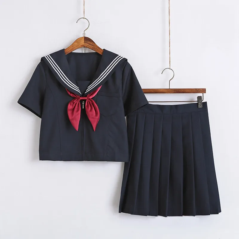 Short Sleeve Set Японская школьная форма Jk для девочек, темно-синяя, с коротким/длинным рукавом, для средней школы, для женщин, новинка, матросские Костюмы, для школьниц, косплей - Цвет: Short Sleeve Set