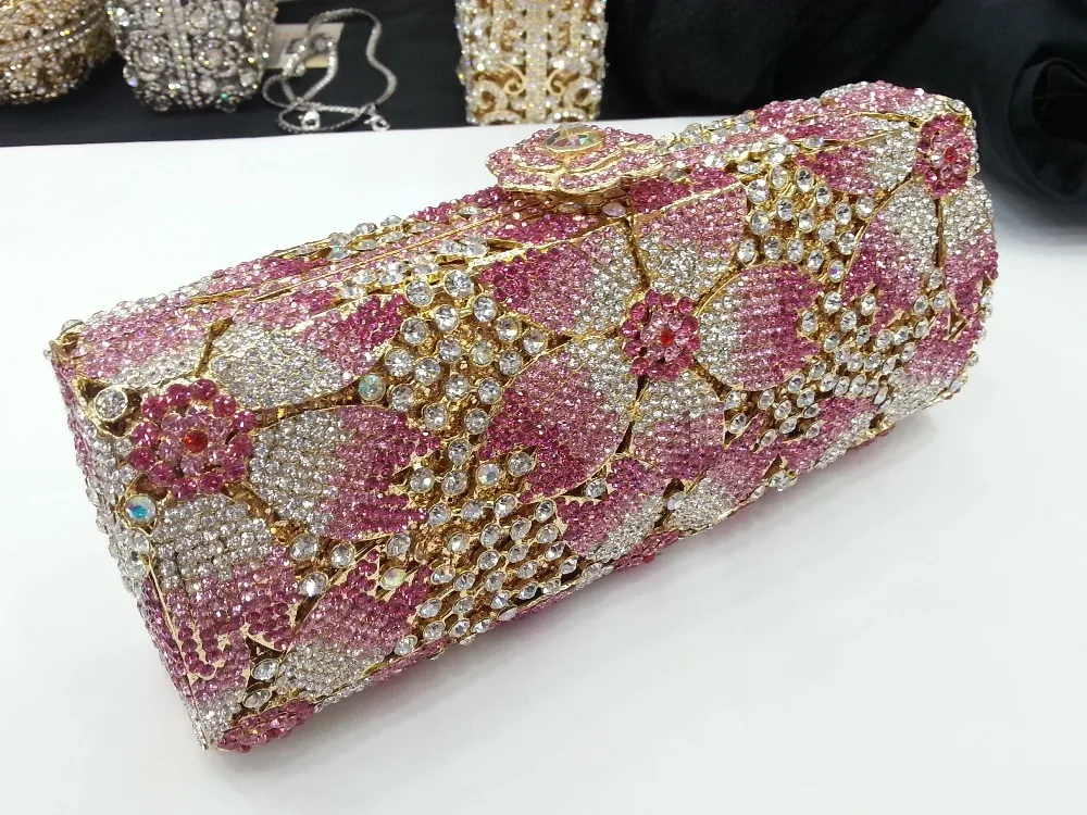 Gift Box Women Diamond Purses Vintage Appliques Hot Pink Crystal Clutches Handbags Wedding Ladies Luxury Clutch Bag Evening Bags