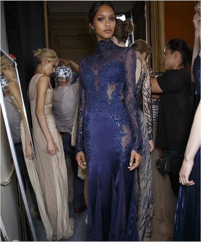 Высокая Шея Вечерние Платья С Длинным Рукавом прозрачная Вернуться Бисером