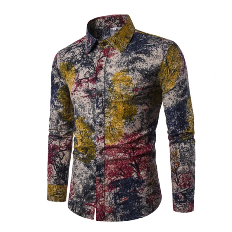 

WSGYJ Hawaiian Shirts Men 2019 Fashion Floral Print Linen Shirt Men Slim Long Sleeve Casual Shirts Breathable Men's Cloth