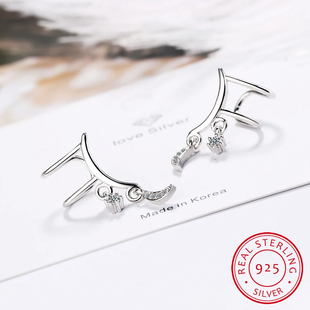 

925 stamp silver color Moon Stars Tassels Zirconia Clip Earrings For Women Ear Cuff