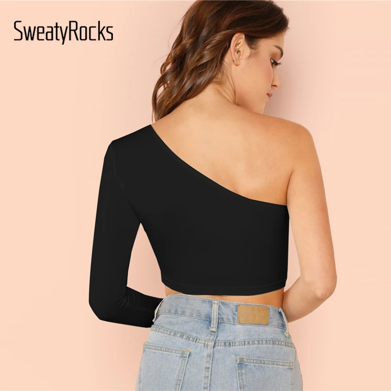 SweatyRocks однотонная укороченная футболка на одно плечо без рукавов, тонкая Базовая Сексуальная футболка, модная женская уличная одежда, летние футболки для вечеринок