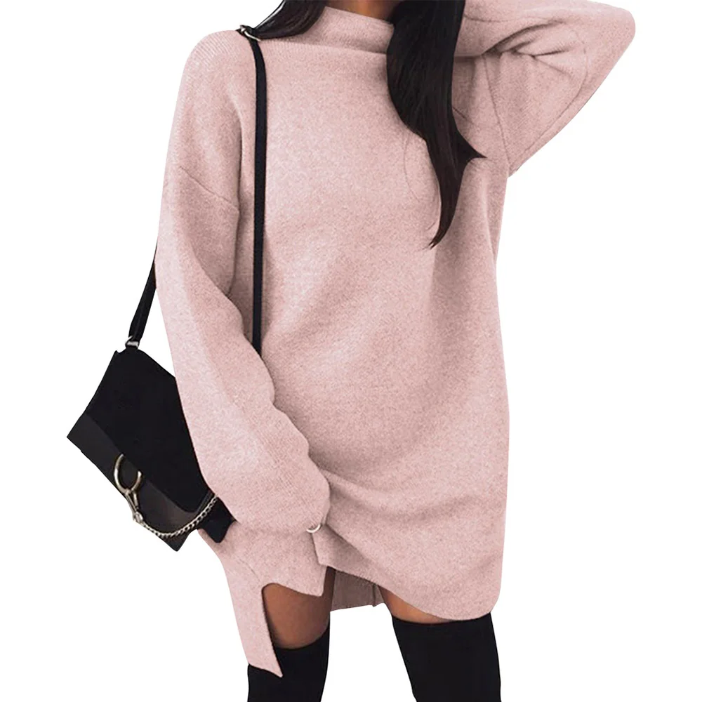 Women High Collar Knitted Dress Casual Skirt Long Sleeve Loose Sweater Knitwear | Женская одежда