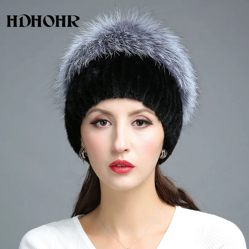 HDHOHR новая зимняя шапка из натурального меха для женщин, шапка из натурального меха норки с мехом серебристой лисы, вязаные шапочки, модные женские меховые шапки