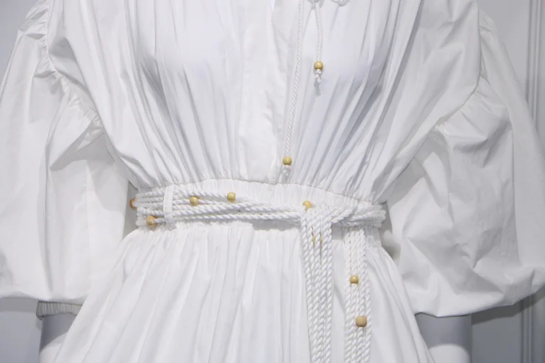 Women Cotton White Dress 2019 Spring Runway Half Lantern Sleeve Tunic Party Tassel Sashes Elegant Casual Gown Mini | Женская одежда