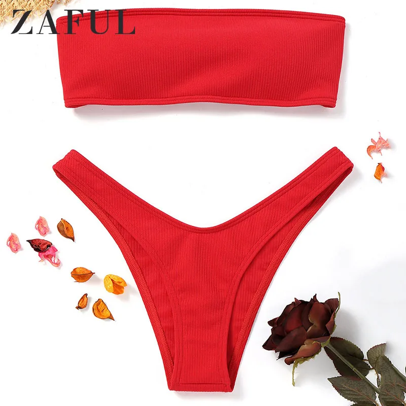ZAFUL ребристые с высоким вырезом бандо Бикини Набор Купальники для женщин
