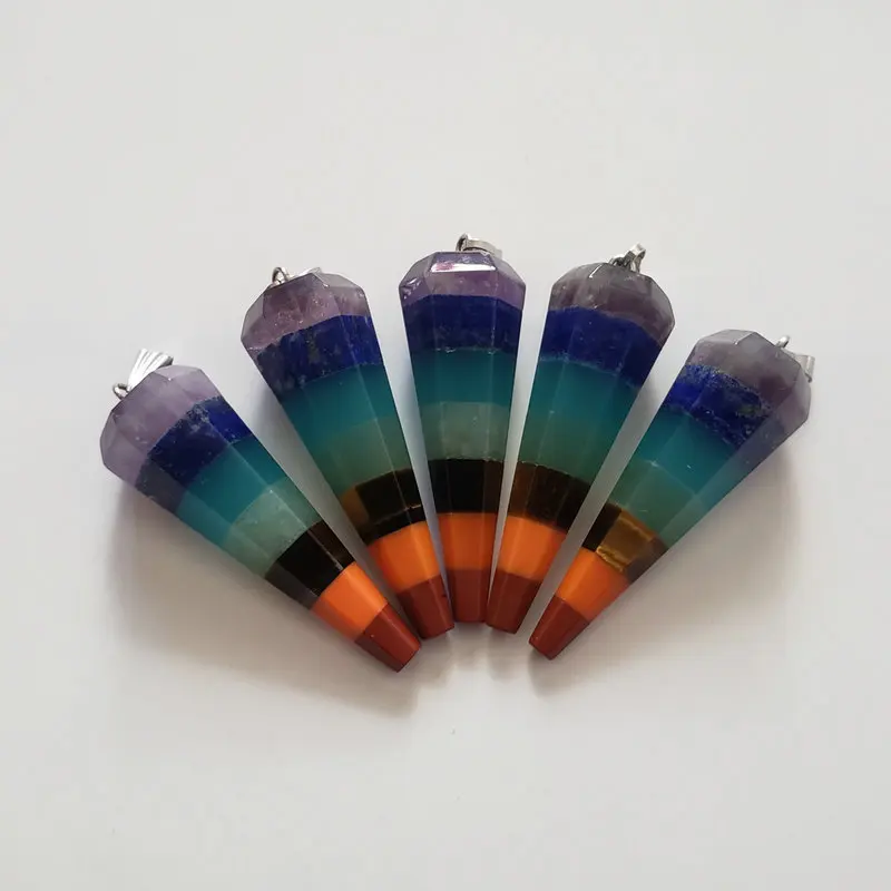 

Wholesale 5pcs/lot 7 Chakra Layered Purple Crystal Lapis Aventurine Tiger eye Rainbow stones pendants for jewelry making 12x42mm