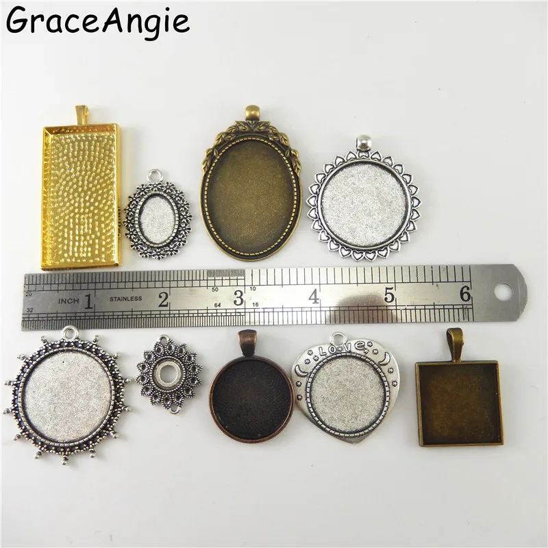 GraceAngie 15 комплектов смешанный подвесной лоток со стеклянными кабошонами основа