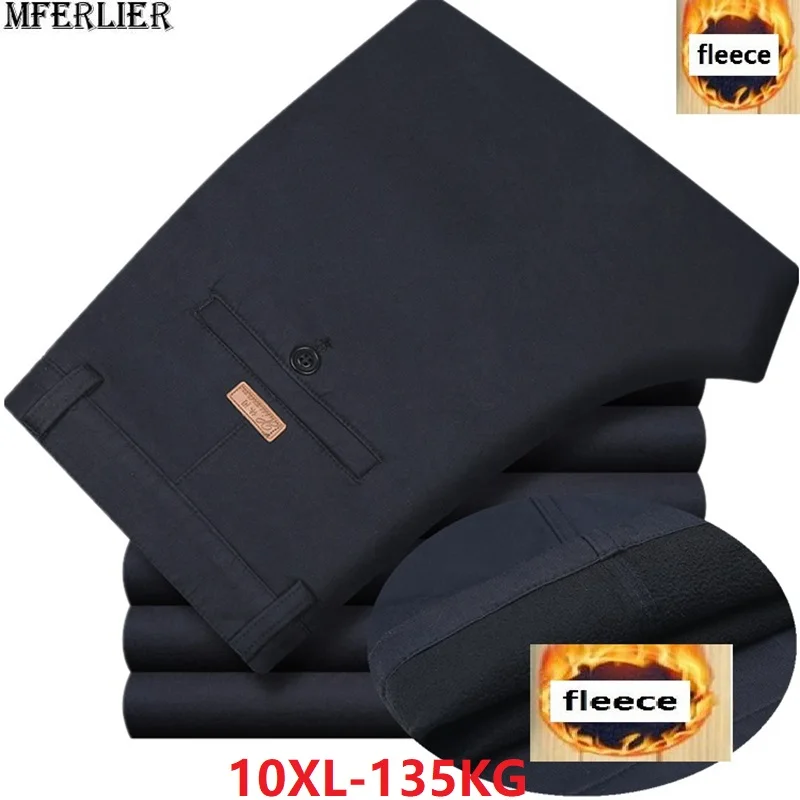 MFERLIER зима осень мужские брюки флис теплый 6XL 7XL 8XL 9XL 10XL Большой размер Брюки Формальные повседневные брюки хаки бизнес