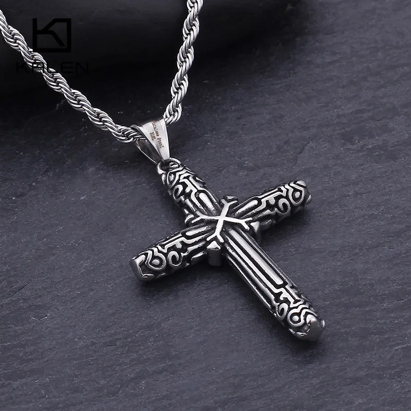 Stainless Steel Fashion Double Cross Pendant Necklace For Men Christian Prayer Crucifix Chain Jewelry | Украшения и аксессуары