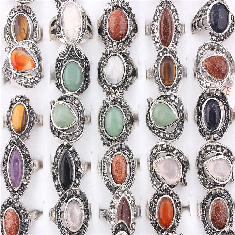 

QianBei 5pcs/set Natural Stone Black Zircon Ring Fashion Jewelry Alloy Silver Rings For Women Men Gifts Wholesale Free Shipping
