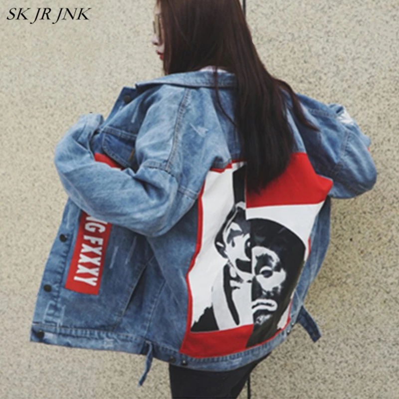 Женская джинсовая куртка 2018 весна осень письмо шаблон поло воротник джинсовое