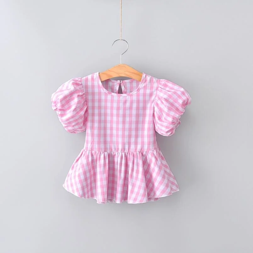 design 4 pink Г. Летняя Клетчатая блузка принцессы для девочек пышные блузки для маленьких девочек с короткими рукавами, рубашки детская рубашка топы для девочек, детская одежда - Цвет: design 4 pink