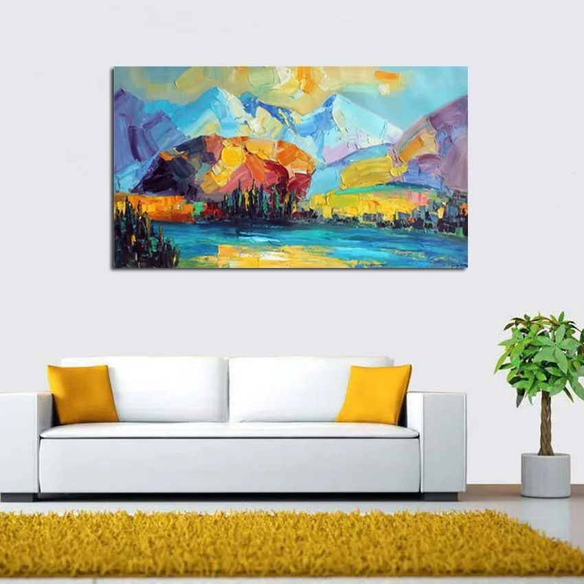Hand painted mountain landscape oil painting modern abstract colorful village scenery on canvas home decor | Дом и сад