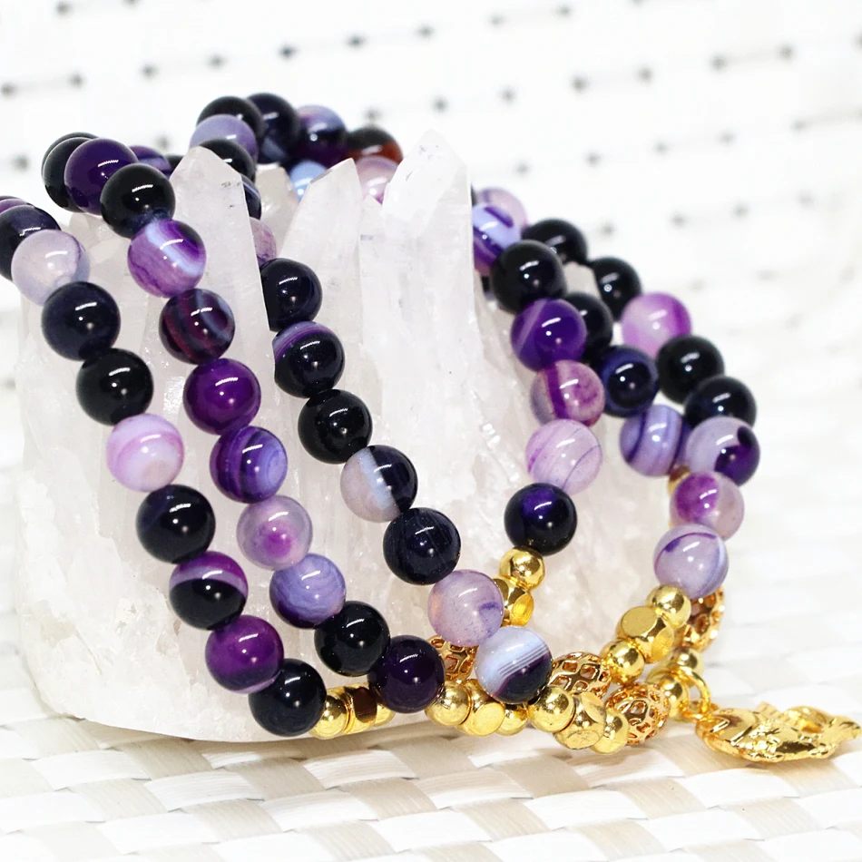 fish pendant unique elastic purple multilayer long bracelet natural carnelian stone veins agat onyx 6mm round beads jewelryB2242 | Украшения