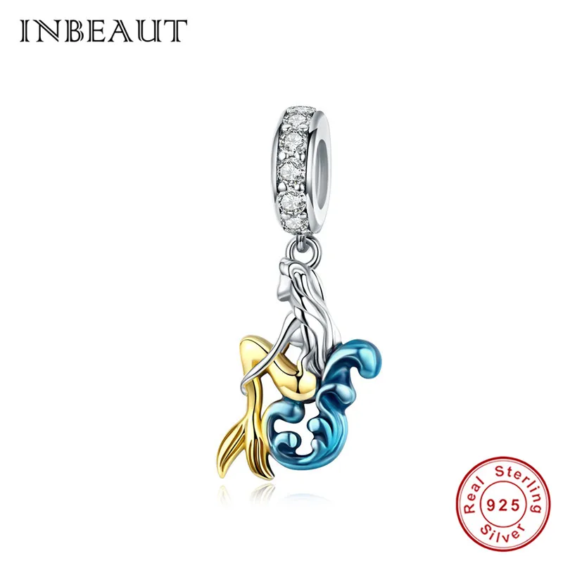 INBEAUT 100% 925 пробы серебро элегантная синяя и желтая подвеска с русалкой подходит