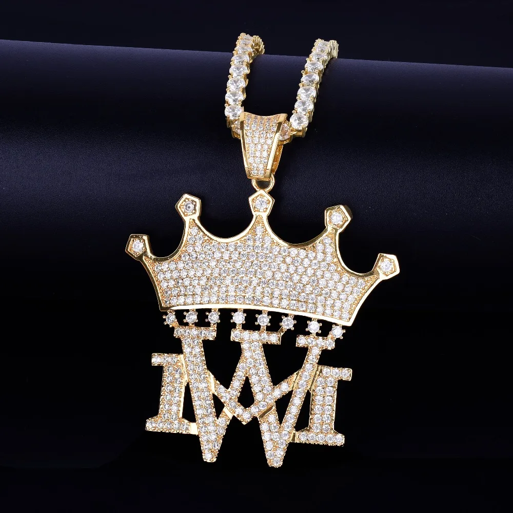 Корона с MW ожерелья и кулоны с теннисной цепочкой Золото Серебро Цвет Bling кубический циркон мужские хип хоп ювелирные изделия