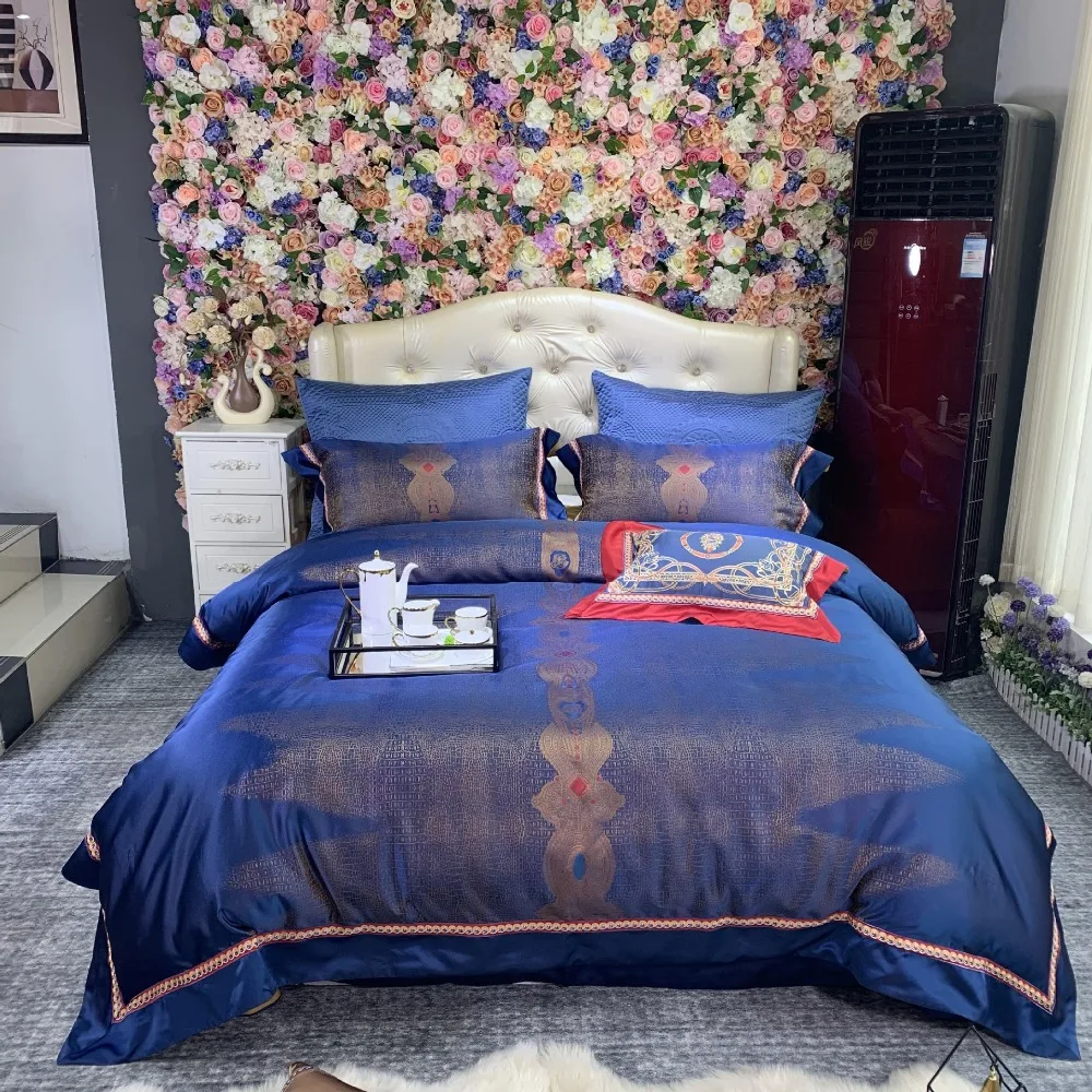 

Luxury 120S Egyptian cotton Yarn Dyed Bedding sets Queen King Royal Duvet cover Bed sheet set Pillowcases 4/6pcs Europe Blue