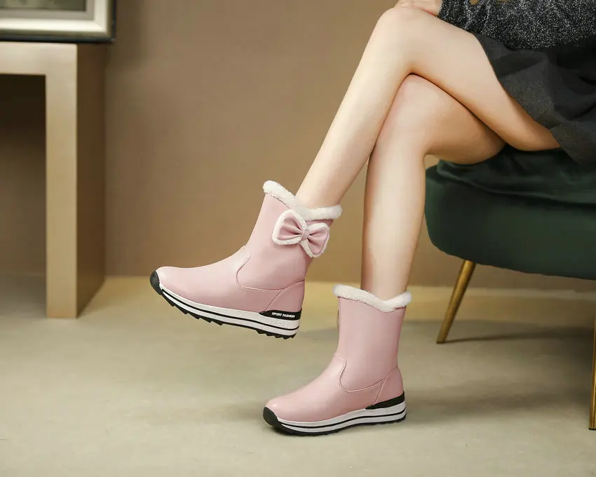 QUTAA/ г. Женская обувь из искусственной кожи на платформе теплые зимние повседневные короткие ботинки на меху милые женские зимние ботинки с бантом-бабочкой размер 34-42