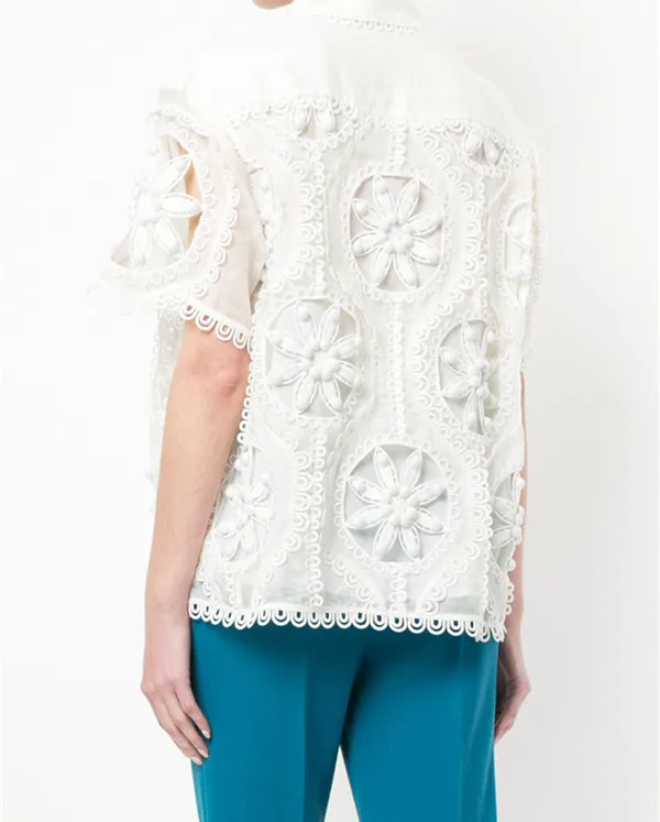 Women Golden Doily Blouse White Linen-silk Blend Oversized Hand Crafted Rouleau Trim Shirt |