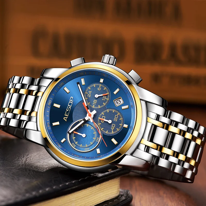 Мужские кварцевые часы AESOP многофункциональные наручные черного цвета из