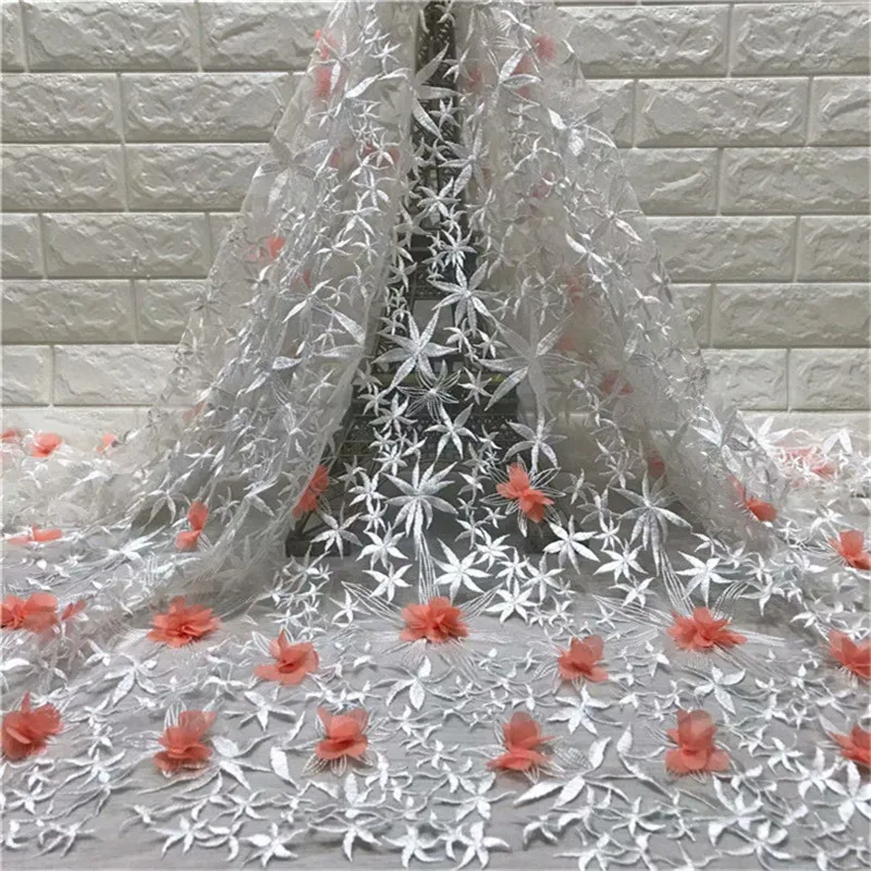 Кружевной шнур красного и белого цвета французский гипюр с 3D цветами высокое
